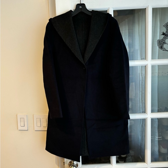 Uniqlo szXS brush wool double faced hooded coat in navy/ gray - Picture 3 of 14